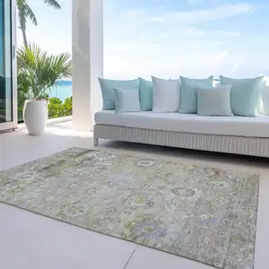 Photo of Beige Gray And Green Floral Washable Indoor Outdoor Area Rug