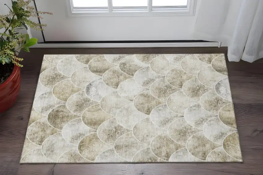 Beige Gray And Ivory Abstract Geometric Washable Area Rug With UV Protection Photo 2