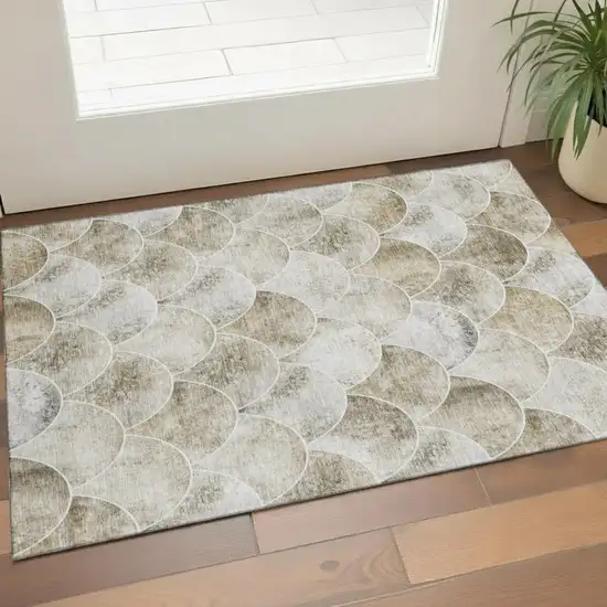 Beige Gray And Ivory Abstract Geometric Washable Area Rug With UV Protection Photo 1