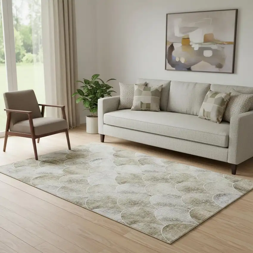 Beige Gray And Ivory Abstract Geometric Washable Area Rug With UV Protection Photo 1