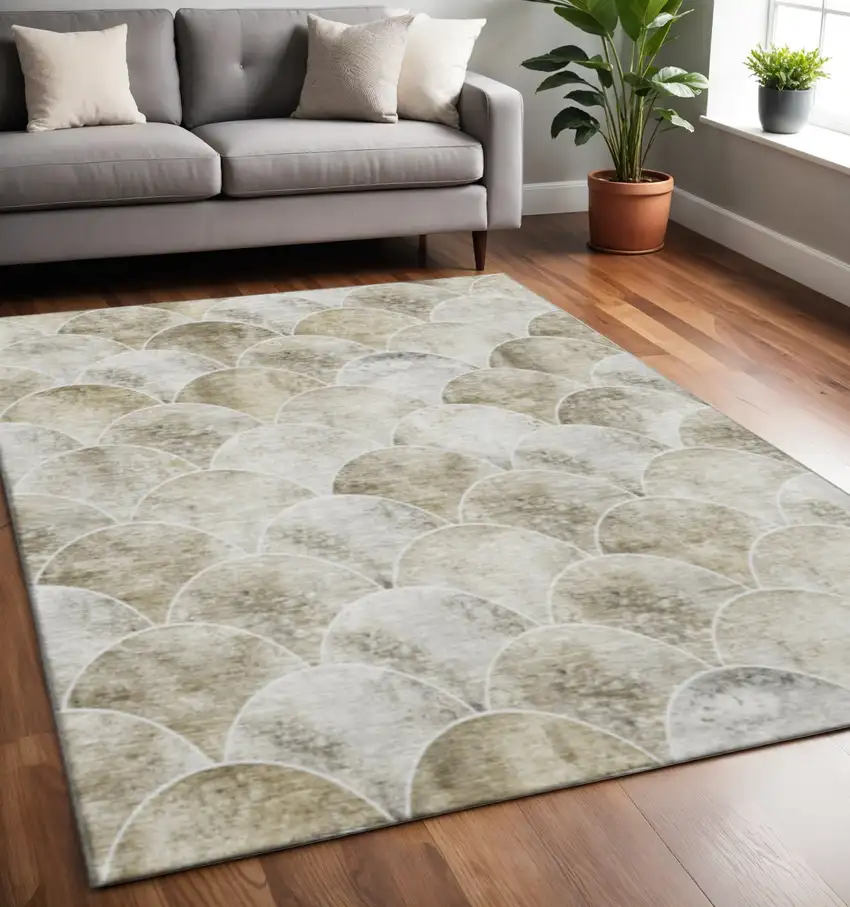 Beige Gray And Ivory Abstract Geometric Washable Area Rug With UV Protection Photo 2