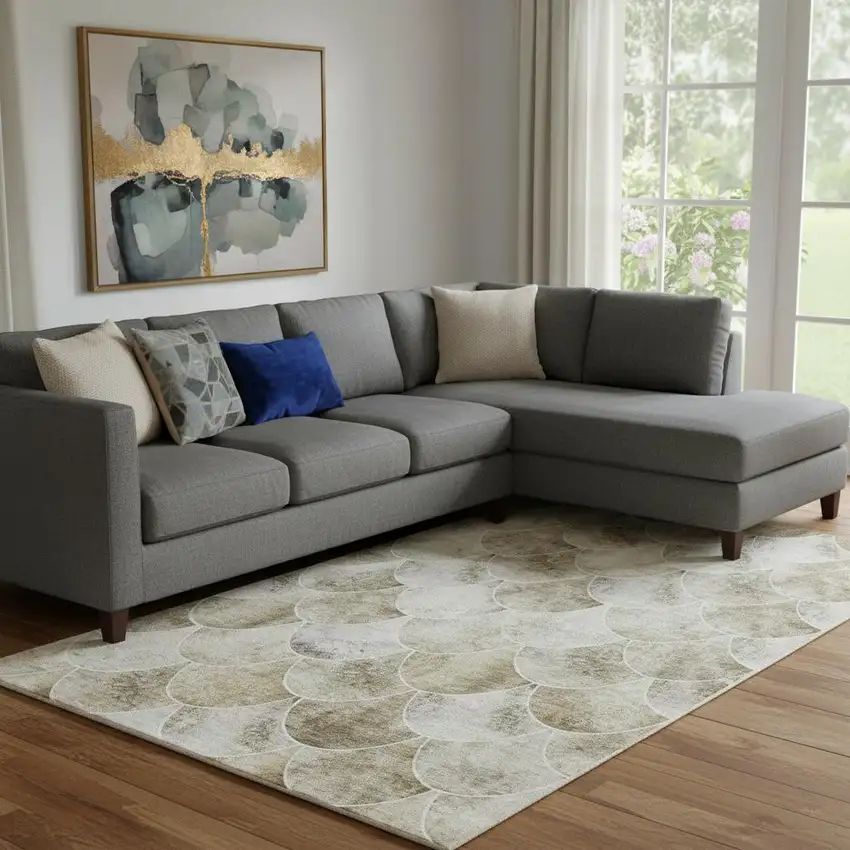 Beige Gray And Ivory Abstract Geometric Washable Area Rug With UV Protection Photo 1