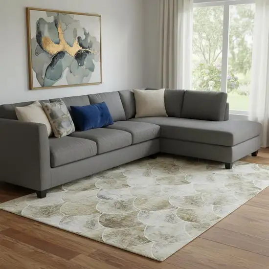 Beige Gray And Ivory Abstract Geometric Washable Area Rug With UV Protection Photo 1