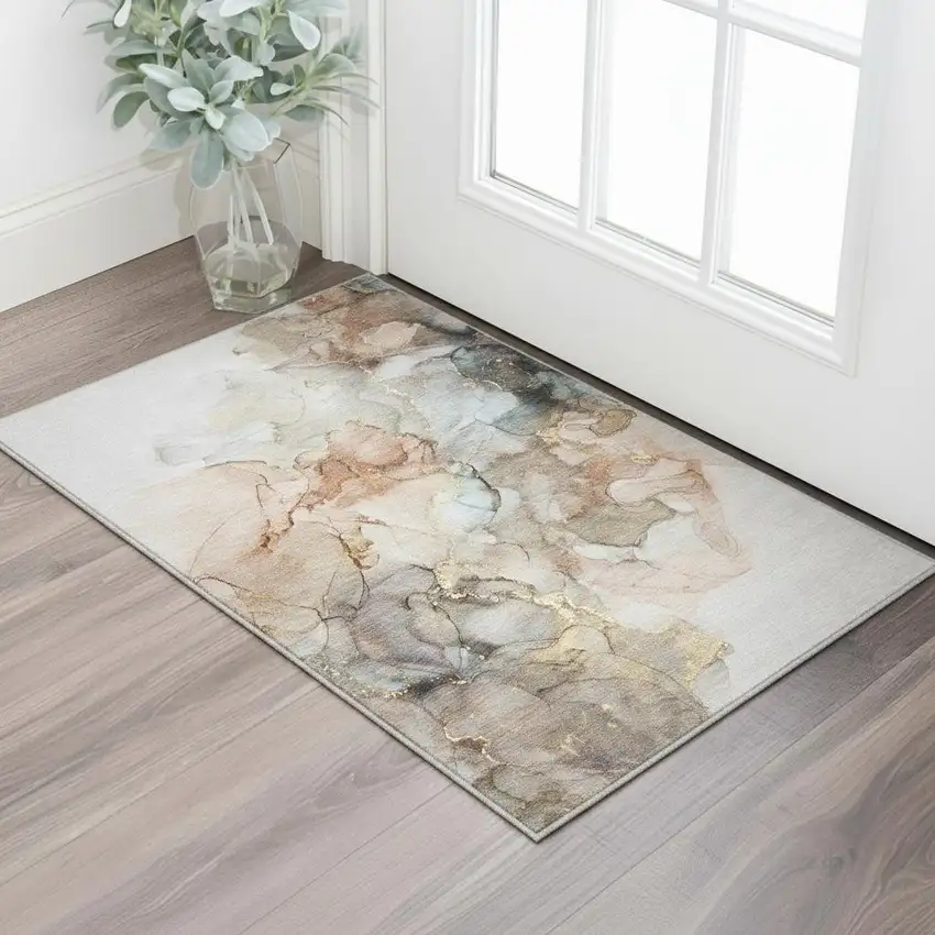 Beige Gray And Ivory Abstract Washable Area Rug With UV Protection Photo 2