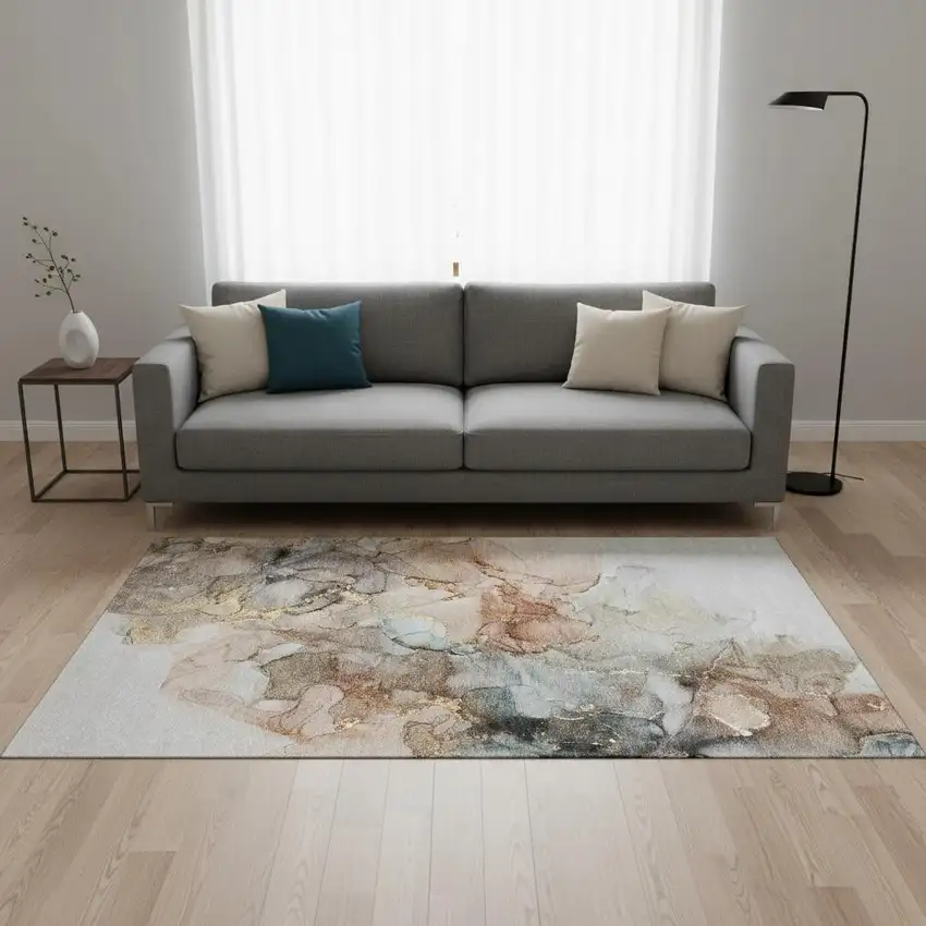 Beige Gray And Ivory Abstract Washable Area Rug With UV Protection Photo 1