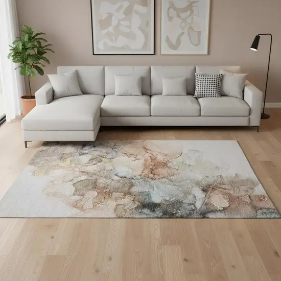 Beige Gray And Ivory Abstract Washable Area Rug With UV Protection Photo 1