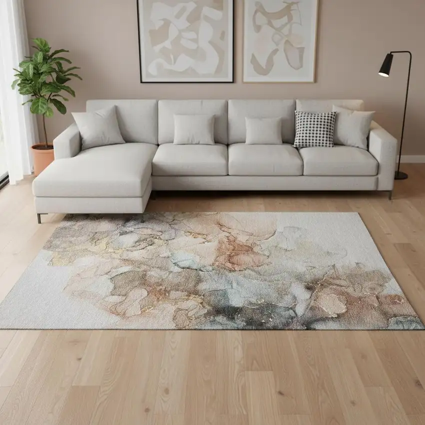 Beige Gray And Ivory Abstract Washable Area Rug With UV Protection Photo 1