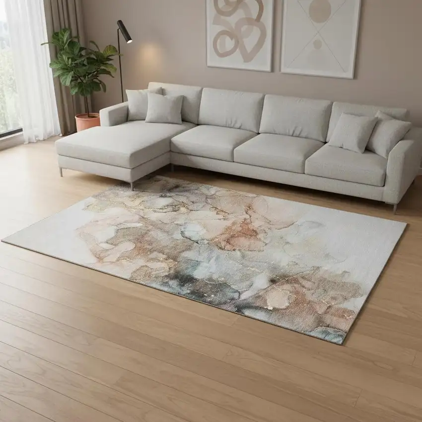 Beige Gray And Ivory Abstract Washable Area Rug With UV Protection Photo 1
