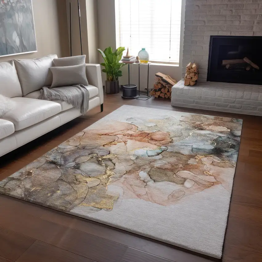 Beige Gray And Ivory Abstract Washable Area Rug With UV Protection Photo 6