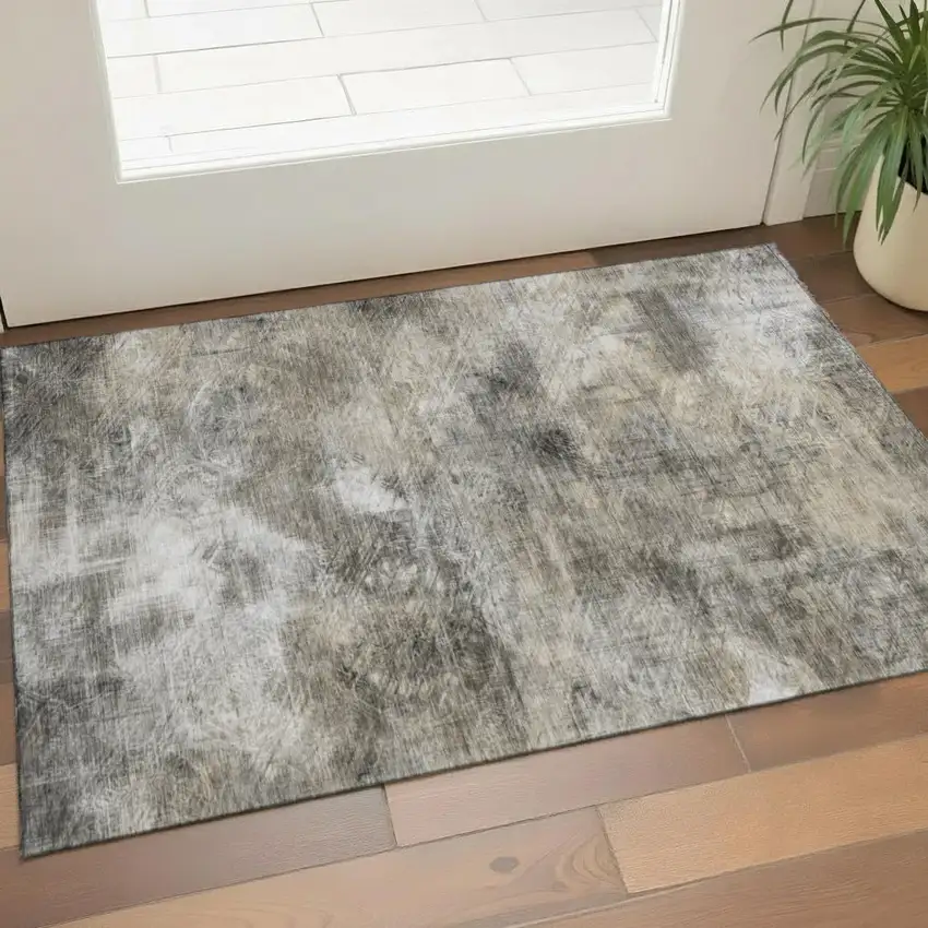 Beige Gray And Ivory Abstract Washable Area Rug With UV Protection Photo 1