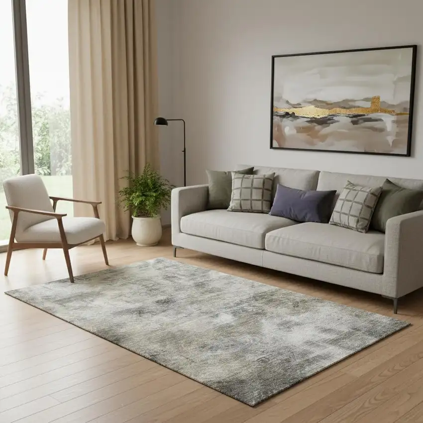 Beige Gray And Ivory Abstract Washable Area Rug With UV Protection Photo 1