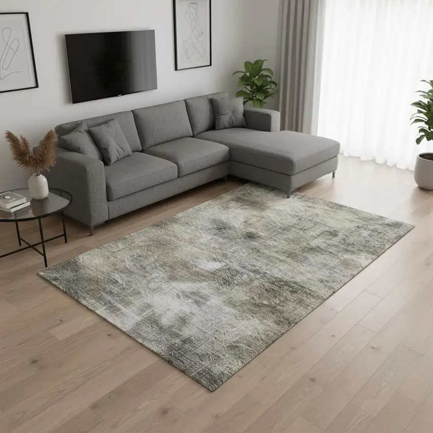 Beige Gray And Ivory Abstract Washable Area Rug With UV Protection Photo 2