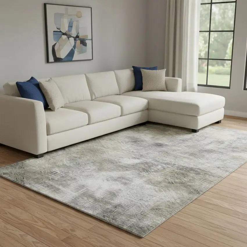 Beige Gray And Ivory Abstract Washable Area Rug With UV Protection Photo 1