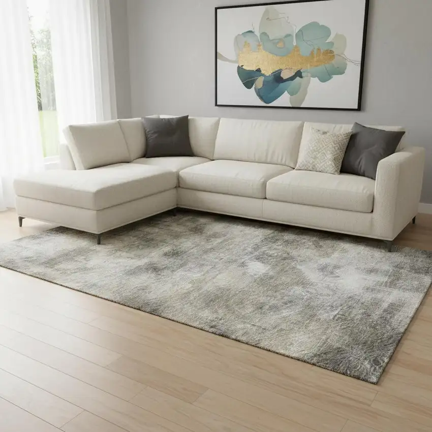 Beige Gray And Ivory Abstract Washable Area Rug With UV Protection Photo 1
