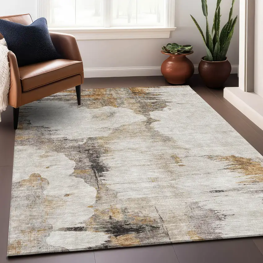 Beige Gray And Ivory Abstract Washable Area Rug With UV Protection Photo 8