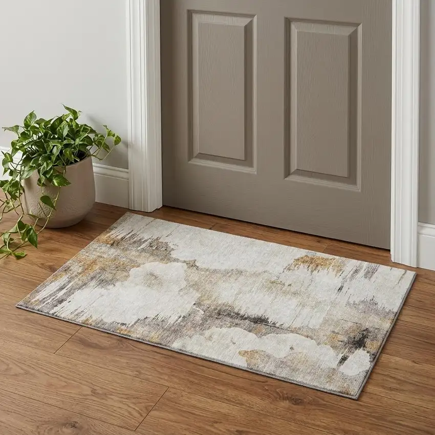 Beige Gray And Ivory Abstract Washable Area Rug With UV Protection Photo 1