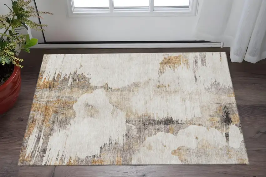 Beige Gray And Ivory Abstract Washable Area Rug With UV Protection Photo 3