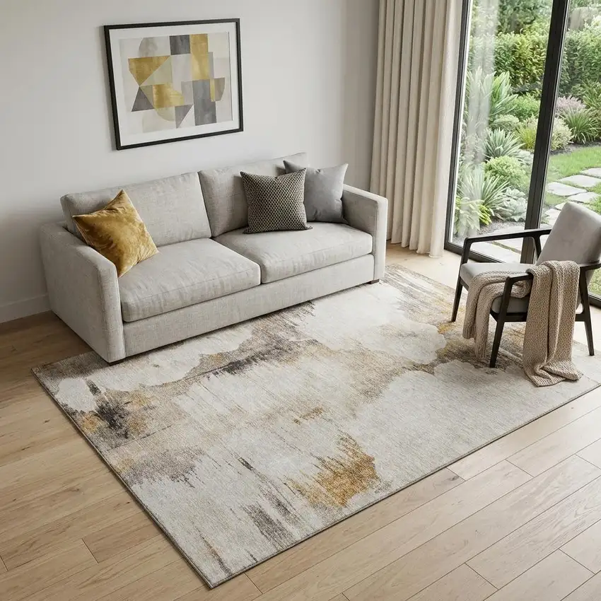 Beige Gray And Ivory Abstract Washable Area Rug With UV Protection Photo 1