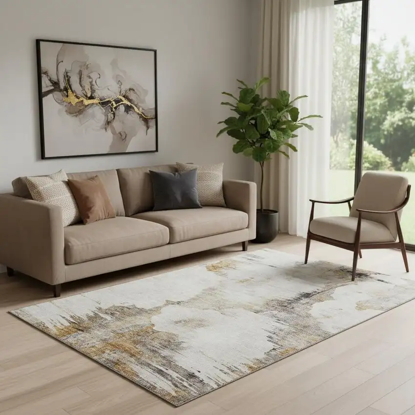 Beige Gray And Ivory Abstract Washable Area Rug With UV Protection Photo 1