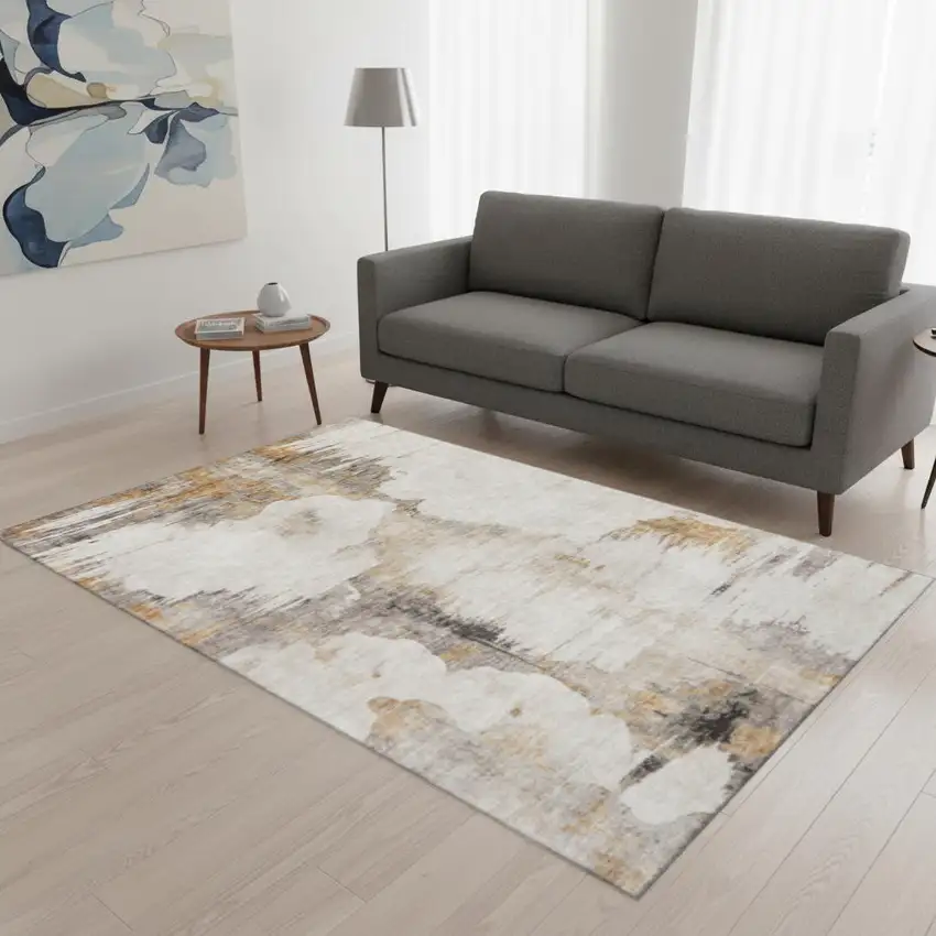 Beige Gray And Ivory Abstract Washable Area Rug With UV Protection Photo 1