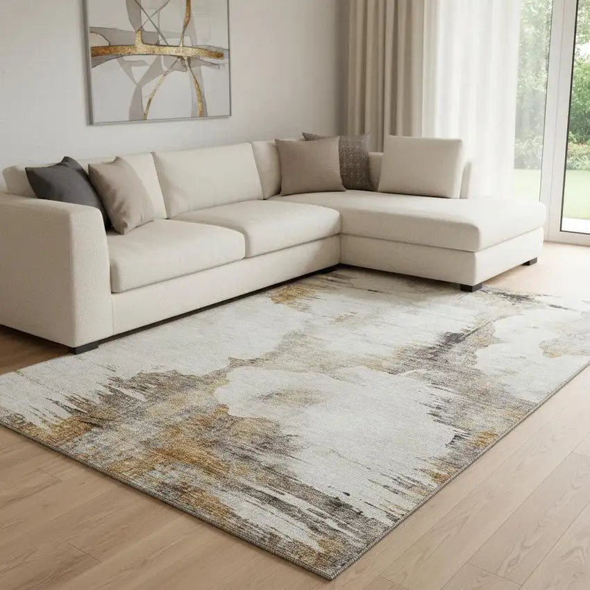 Beige Gray And Ivory Abstract Washable Area Rug With UV Protection Photo 1