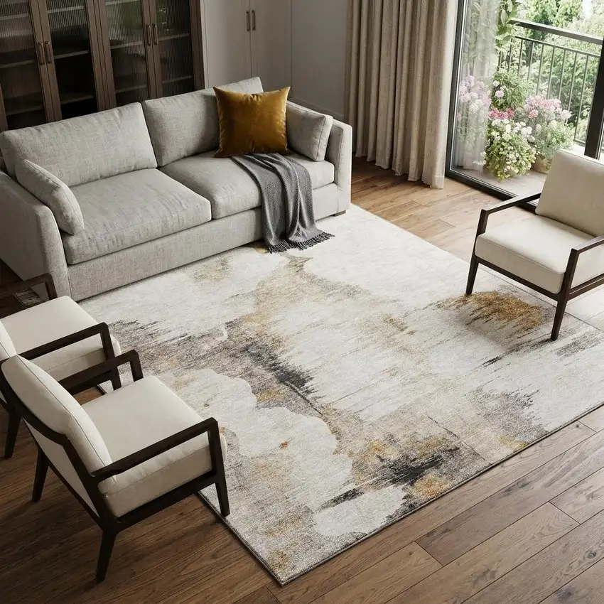 Beige Gray And Ivory Abstract Washable Area Rug With UV Protection Photo 1