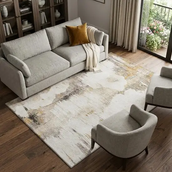 Beige Gray And Ivory Abstract Washable Area Rug With UV Protection Photo 1