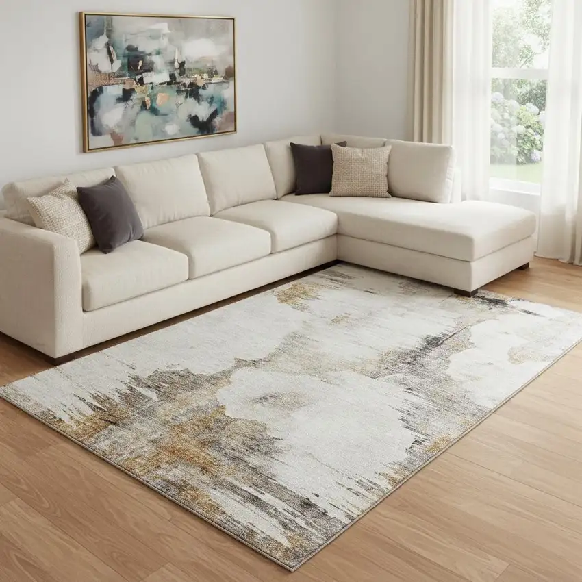 Beige Gray And Ivory Abstract Washable Area Rug With UV Protection Photo 1