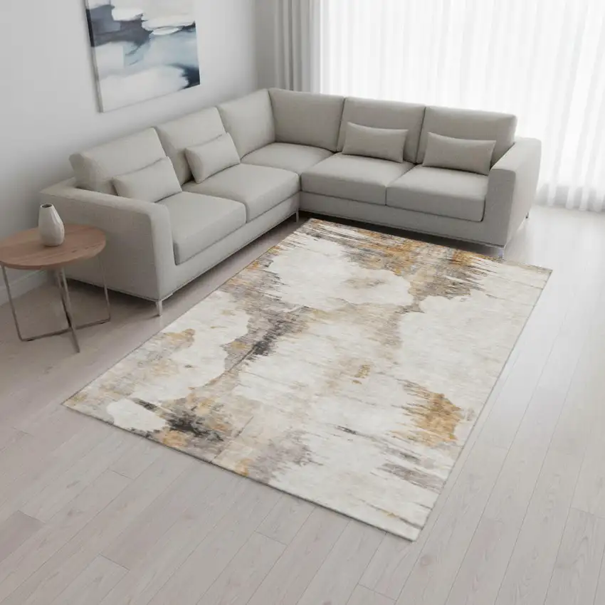 Beige Gray And Ivory Abstract Washable Area Rug With UV Protection Photo 1