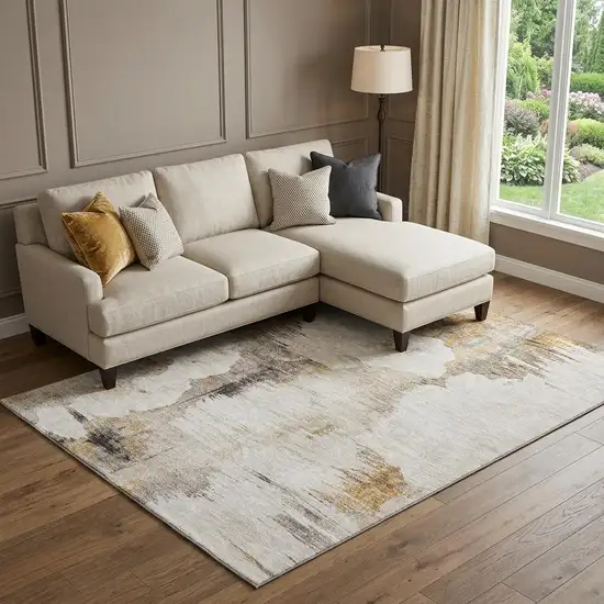 Beige Gray And Ivory Abstract Washable Area Rug With UV Protection Photo 1