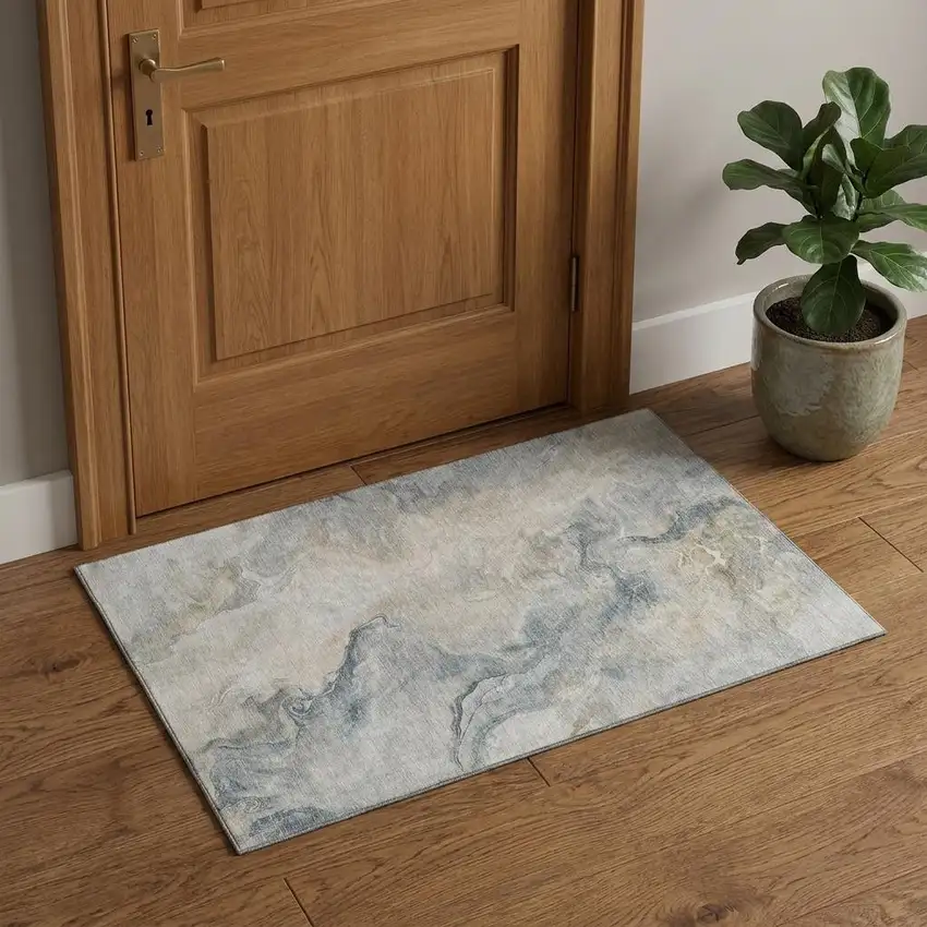 Beige Gray And Ivory Abstract Washable Area Rug With UV Protection Photo 1