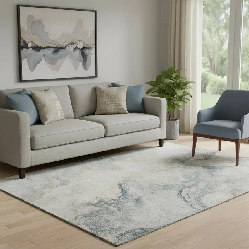 Beige Gray And Ivory Abstract Washable Area Rug With UV Protection Photo 2