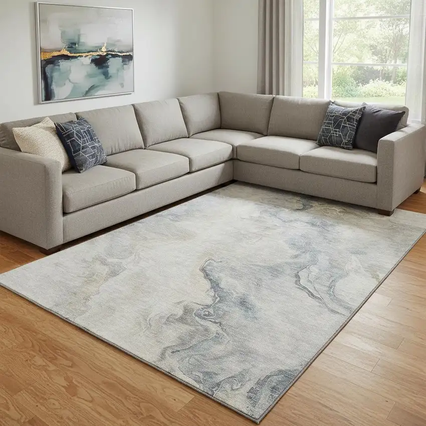 Beige Gray And Ivory Abstract Washable Area Rug With UV Protection Photo 2