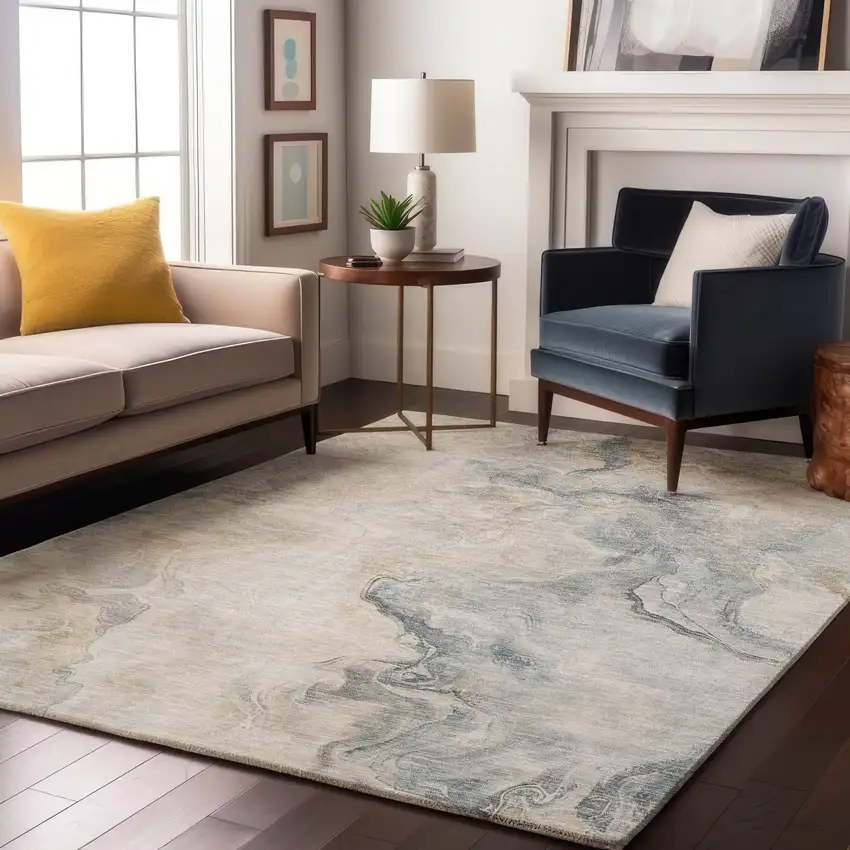 Beige Gray And Ivory Abstract Washable Area Rug With UV Protection Photo 5