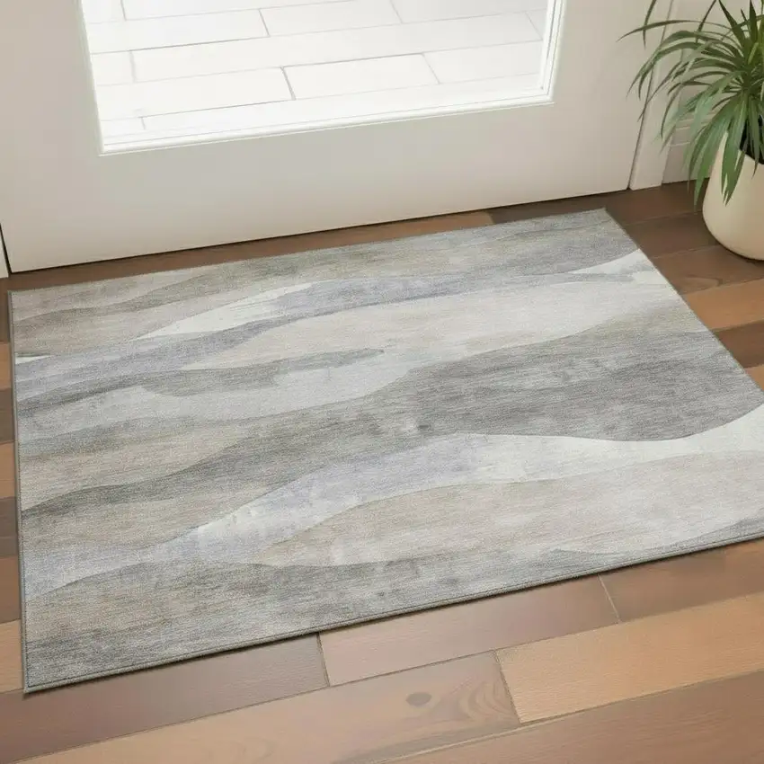 Beige Gray And Ivory Abstract Washable Area Rug With UV Protection Photo 2