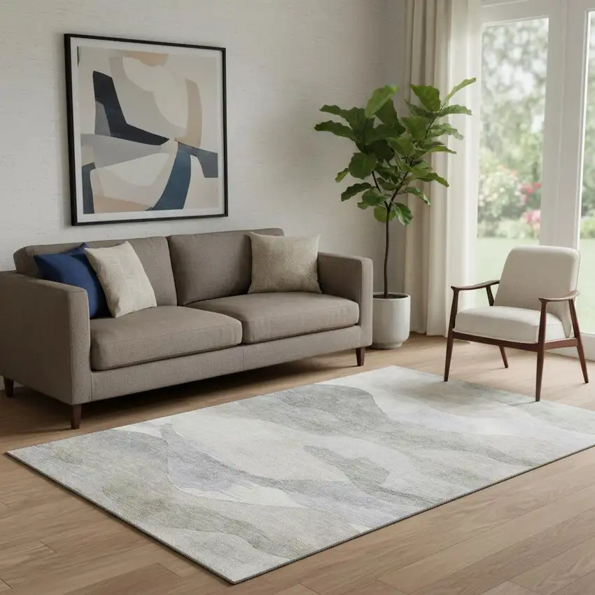 Beige Gray And Ivory Abstract Washable Area Rug With UV Protection Photo 2