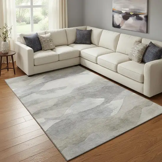 Beige Gray And Ivory Abstract Washable Area Rug With UV Protection Photo 2