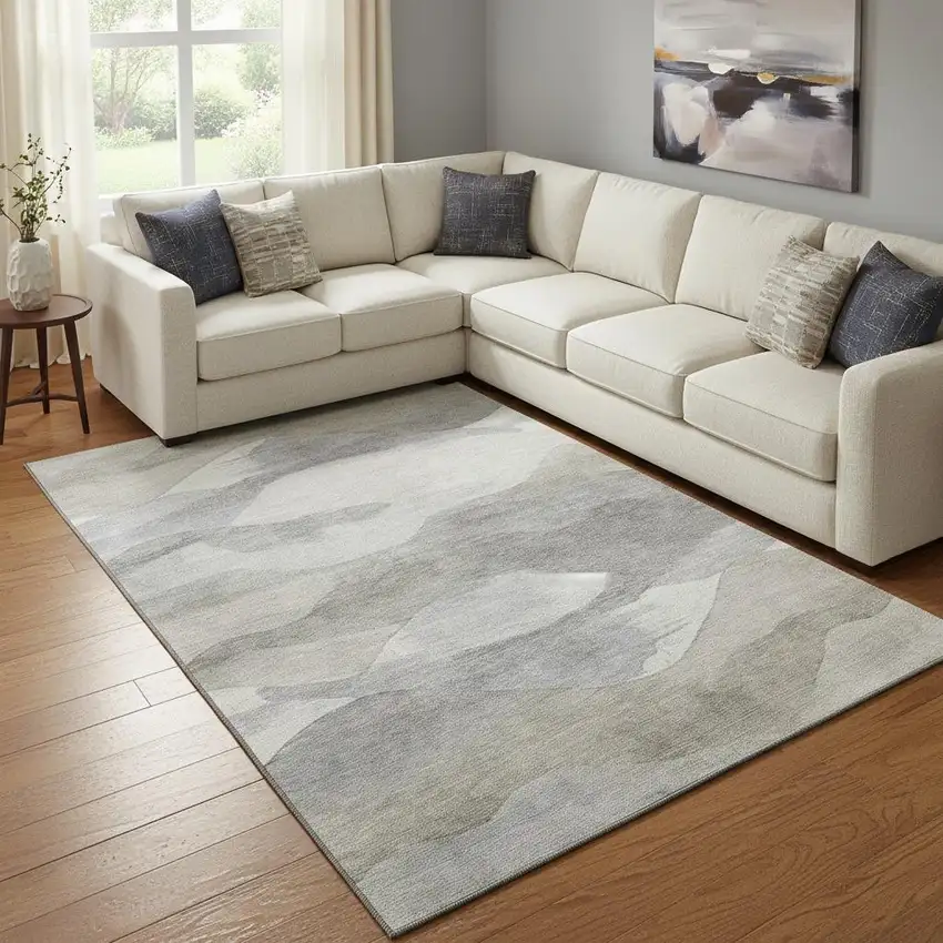Beige Gray And Ivory Abstract Washable Area Rug With UV Protection Photo 2