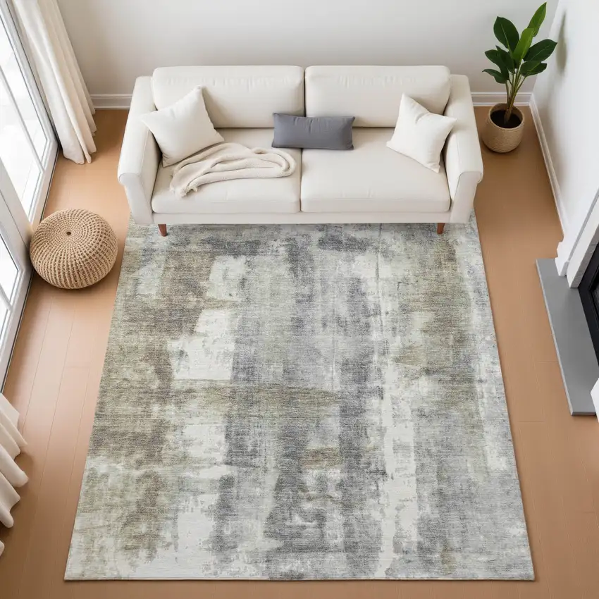 Beige Gray And Ivory Abstract Washable Area Rug With UV Protection Photo 5