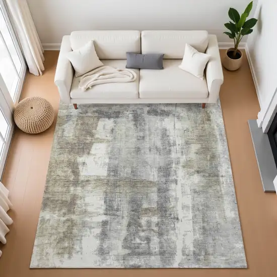Beige Gray And Ivory Abstract Washable Area Rug With UV Protection Photo 5