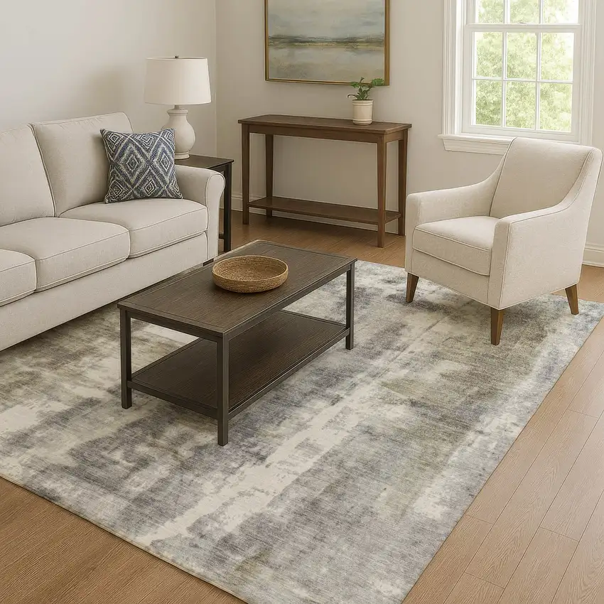 Beige Gray And Ivory Abstract Washable Area Rug With UV Protection Photo 6