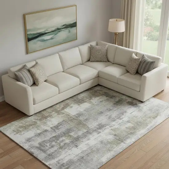 Beige Gray And Ivory Abstract Washable Area Rug With UV Protection Photo 1