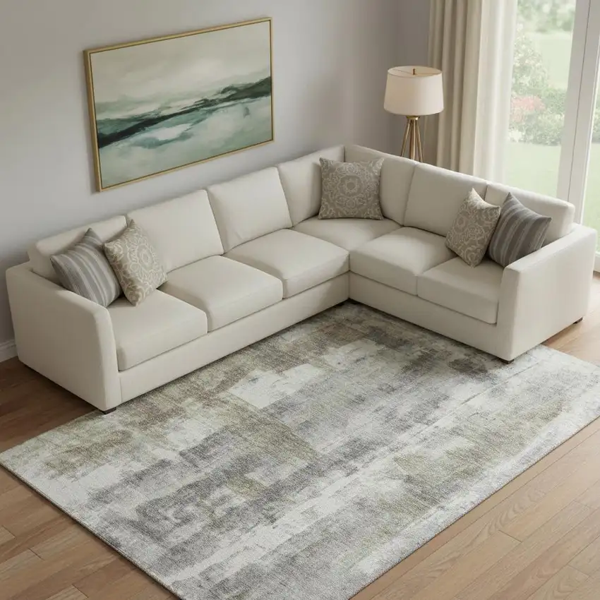 Beige Gray And Ivory Abstract Washable Area Rug With UV Protection Photo 1