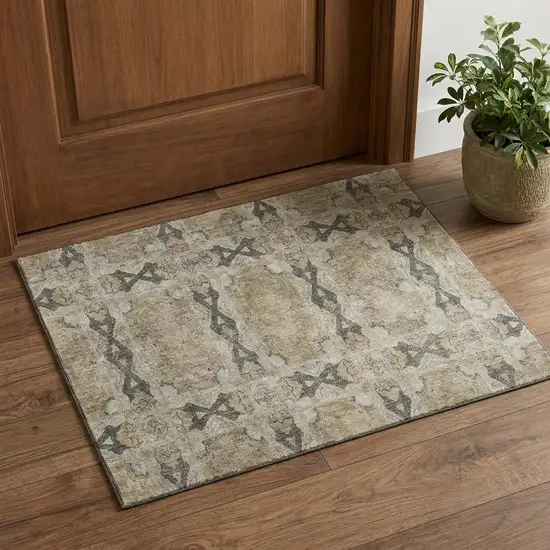 Beige Gray And Ivory Floral Medallion Washable Area Rug With UV Protection Photo 1