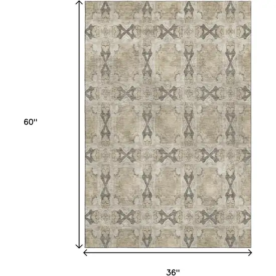 Beige Gray And Ivory Floral Medallion Washable Area Rug With UV Protection Photo 3