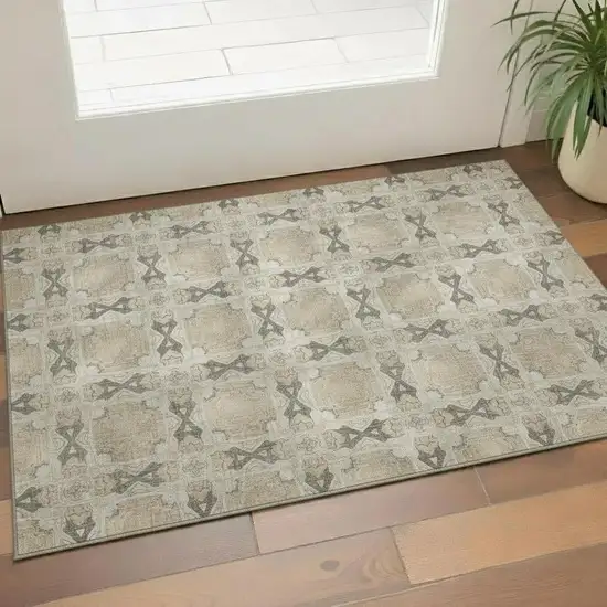 Beige Gray And Ivory Floral Medallion Washable Area Rug With UV Protection Photo 1