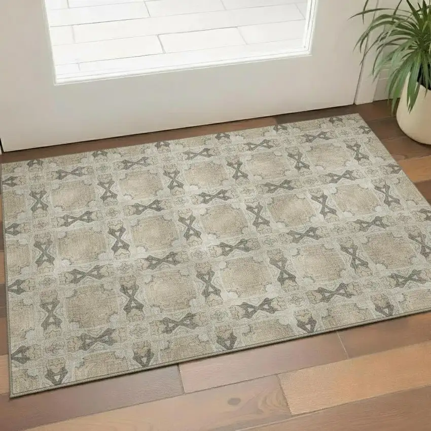 Beige Gray And Ivory Floral Medallion Washable Area Rug With UV Protection Photo 1