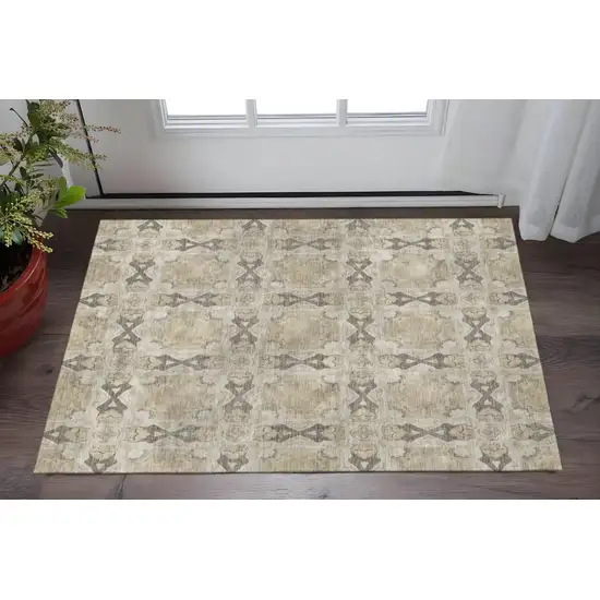 Beige Gray And Ivory Floral Medallion Washable Area Rug With UV Protection Photo 2