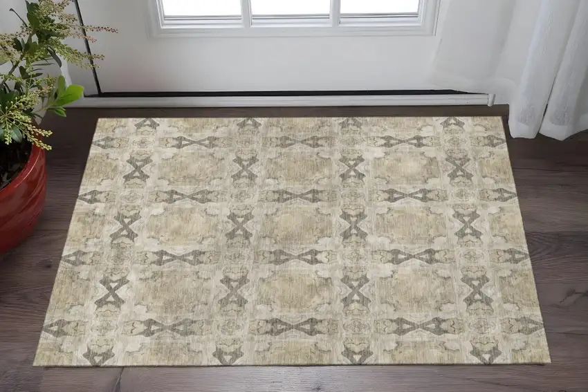 Beige Gray And Ivory Floral Medallion Washable Area Rug With UV Protection Photo 2