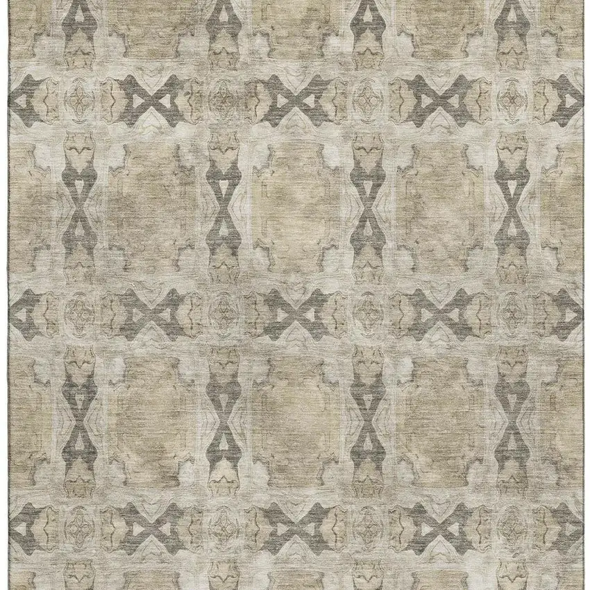 Beige Gray And Ivory Floral Medallion Washable Area Rug With UV Protection Photo 3